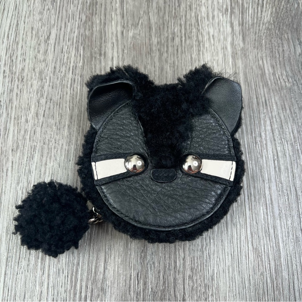 Coach Raccoon Black  Pebbled‎ Leather & Shearling Pom Pom Tail Coin Purse Wallet